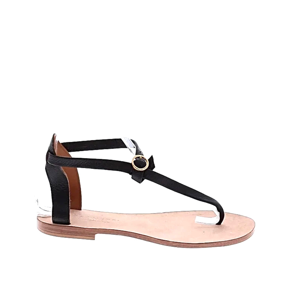 The Cornetti Flat Sandal Minimal Strappy Black Leather Gold Buckle Thong Toe 41